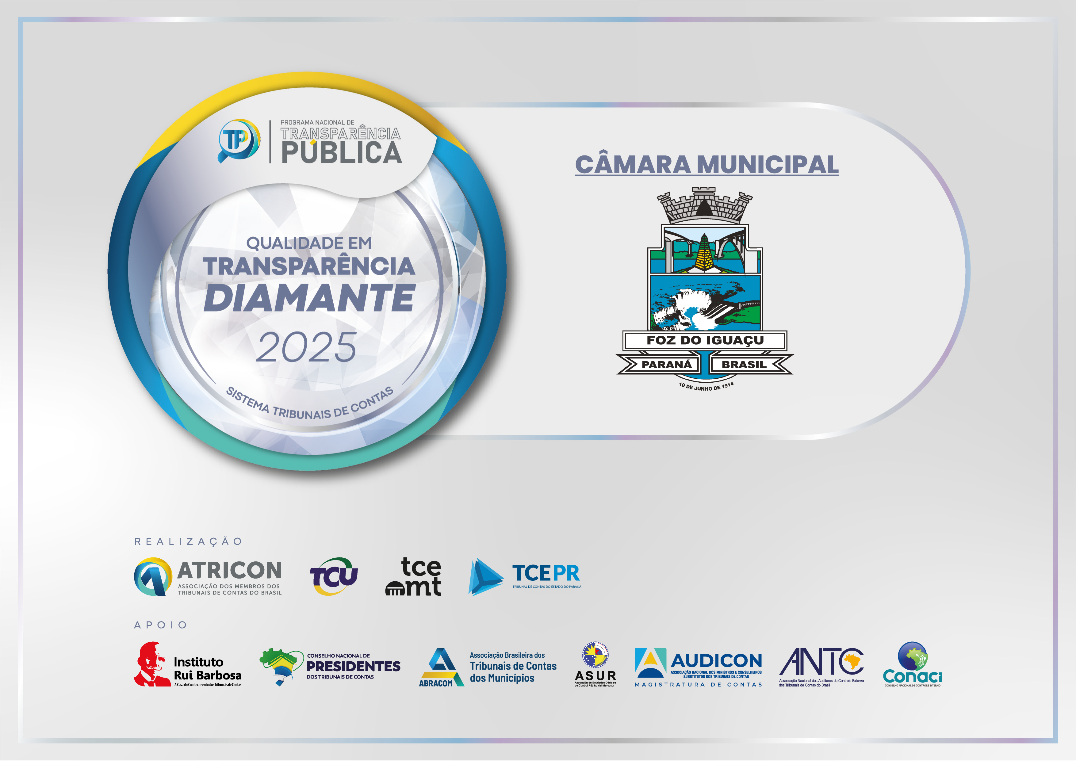 Câmara de Foz recebe selo diamante no índice de transparência pública do TCE