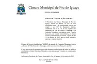 Câmara Municipal de Foz do Iguaçu publica Edital de Convocação para Sessão Extraordinária