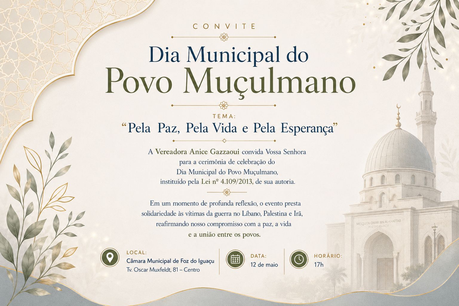 Dia Municipal do Povo Muçulmano será celebrado na Câmara Municipal de Foz do Iguaçu