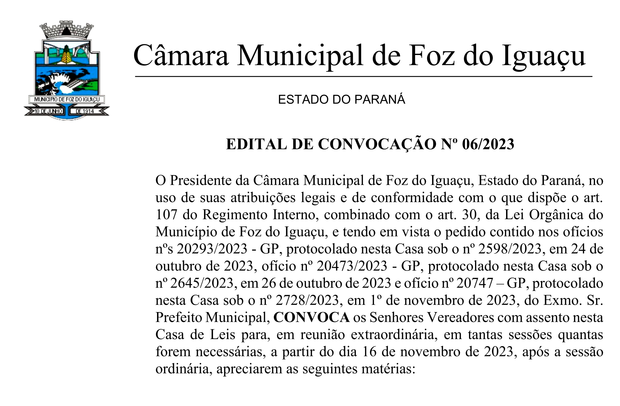 Edital de Convocação para Sessões Extraordinárias