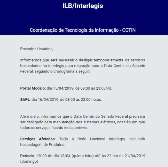 Site da Câmara e SAPL devem ficar fora do ar para manutenção programada 